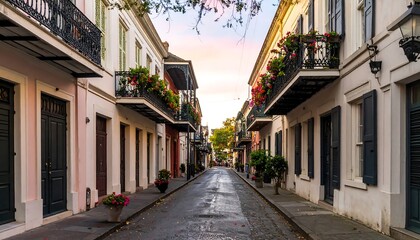 Obraz premium A tranquil street scene unfolds, showcasing charming, pastel-hued buildings with ornate balconies and vibrant flower displays.