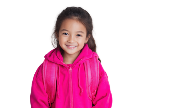 A smiling girl in a pink hoodie with a backpack, isolated on a white background.