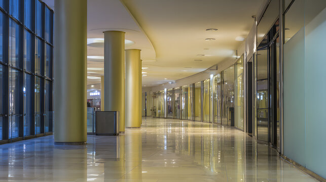 Modern shopping mall interior featuring a wide empty corridor with polished floors and soft lighting.