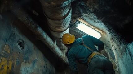 Worker Inspecting Overhead Ventilation Ducts in Tunnel