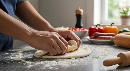 Chef hand preparing topping on pizza dough — cooking Italian food background