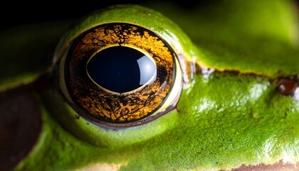 Close-up view of a vibrant green frog's eye, showcasing intricate details of the iris and its captivating golden-orange hue.
