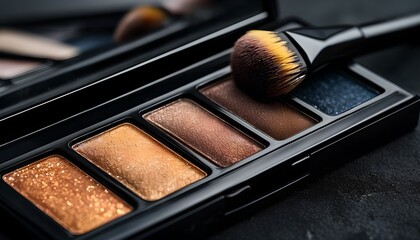 Close Up Of Eyeshadow Palette With Makeup Brush On Dark Background