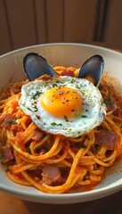 Delicious Spaghetti Carbonara with a Sunny-Side-Up Egg and Mussels