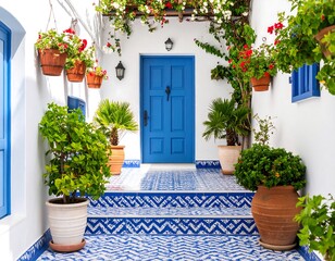 Naklejka premium Whitewashed courtyard with blue door and vibrant plants