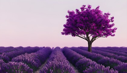 Lavender Field with Single Purple Tree and Pink Background
