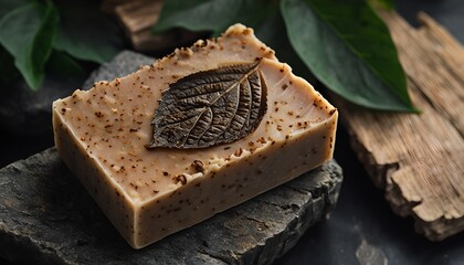 Brown Rectangular Soap Bar with Leaf Imprint on Stone