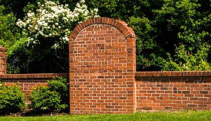 A charming brick archway and wall, accented by greenery and a backdrop of lush trees, presents a tranquil and picturesque scene.