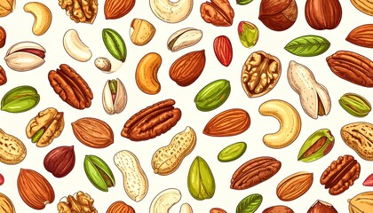 A colorful and detailed pattern of various nuts, showcasing detailed illustrations of almonds, cashews, walnuts, pistachios, pecans, and peanuts.