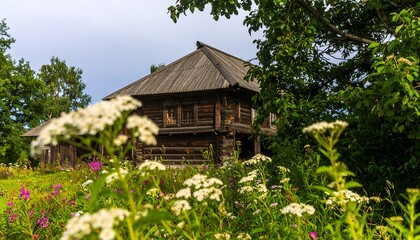 A weathered wooden house stands amidst a field of wildflowers on a sunny day.