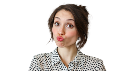 A woman making a playful expression with puckered lips and a fun attitude, suitable for various creative uses.