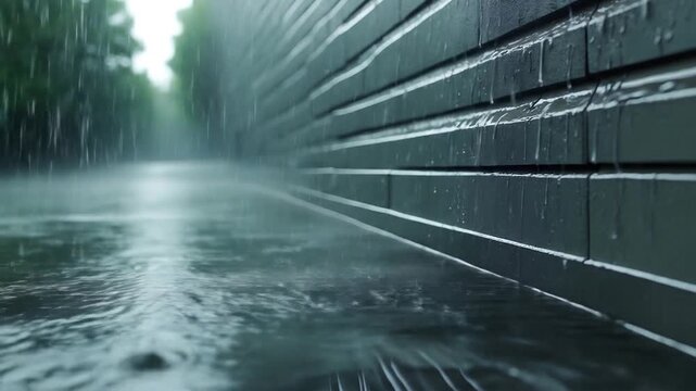 Heavy Rain Falling on Wooden Wall and Road.