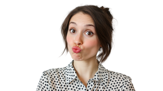 A woman making a playful expression with puckered lips and a fun attitude, suitable for various creative uses.