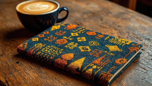 A dark-blue notebook with a vibrant, textured, geometric and possibly animal-inspired pattern rests on a rustic wooden table beside a cup of latte art coffee