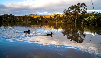 Two ducks glide across a tranquil lake reflecting a serene sky, bathed in the golden light of a tranquil sunrise or sunset.