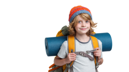 Adventurous boy with backpack and yoga mat, smiling, ready for camping trip, isolated on white background.
