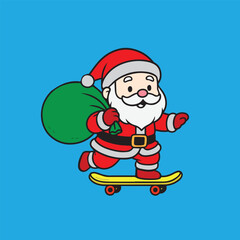 Playful vector drawing of adorable Santa Claus skateboarding while carrying his sack of gifts, created in bright colorful tones for joyful Christmas cartoon artwork.