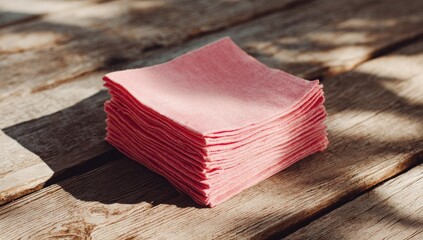 A neat stack of pale pink, square cloths rests on a weathered wooden surface, dappled with sunlight