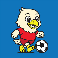 Vector cartoon illustration of a cute Garuda bird dribbling a soccer ball, designed in colorful tones with playful style for cheerful and sporty artwork.