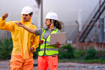 Environmental scientists test water quality at a wastewater discharge site. One in a hazmat suit gives a thumbs up while his colleague records data, a concept of teamwork and success.