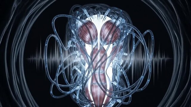 Abstract digital animation of a futuristic human body with muscle structure and glowing effect on bl
