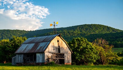 A weathered wooden barn stands stately against a backdrop of rolling hills and lush green forests, bathed in the soft light of a serene summer afternoon.