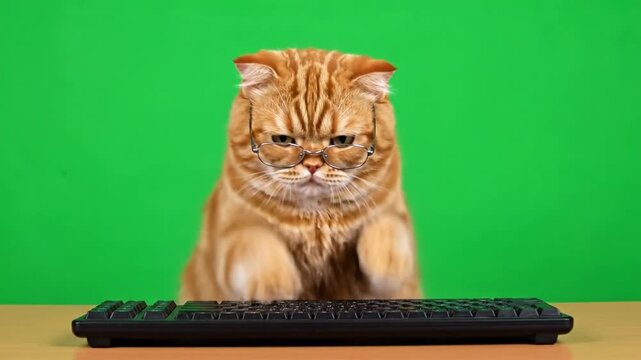 Orange cat sitting behind a keyboard on a green screen background