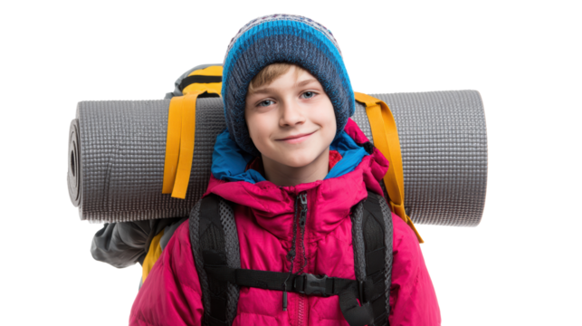 Cheerful child wearing winter jacket and hat, carrying backpack and sleeping mat, ready for adventure.