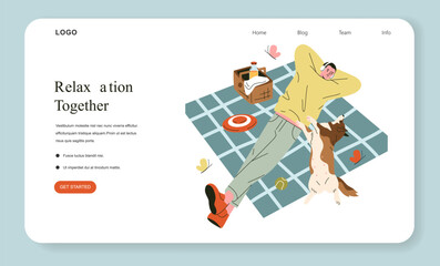 Relaxing with Dog on Picnic Blanket Vector Illustration