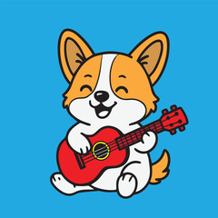 Playful vector drawing of a Shiba Inu joyfully playing guitar, created in vibrant colorful tones to emphasize music, happiness, and lively entertainment.