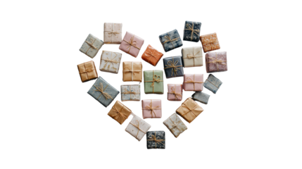 Colorful gift boxes arranged in a heart shape on a white background, symbolizing love and celebration.