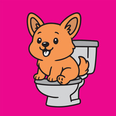 Vector illustration of a funny dog sitting on a toilet seat, created in colorful style with playful tones for humorous and quirky modern artwork.