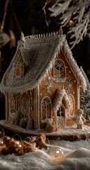 Fototapeta premium Ornate gingerbread house decorated with icing details, nestled in snow.