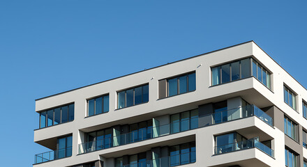 Fototapeta premium Modern residential apartment building exterior with blue sky — real estate and architecture concept