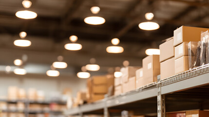 Organized boxes on modern warehouse shelves, softly lit with blurred industrial surroundings.