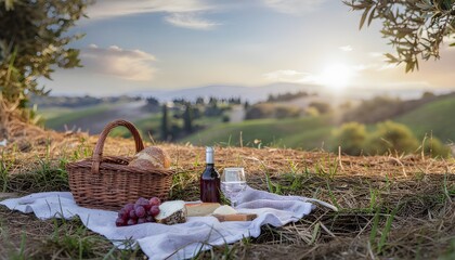 An idyllic al fresco picnic spread with delicious food and refreshing wine set against a breathtaking backdrop of sun-kissed rolling hills at golden hour, celebrating leisure and natural beauty