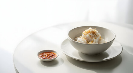 Rice Bowl Garnished With Sesame and Served Alongside Spicy Sauce on a Minimalist Table in Soft Natural Light Setting
