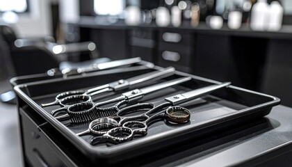 Professional hairdressing tools arranged neatly in a black tray, showcasing the precision of a modern barbershop.