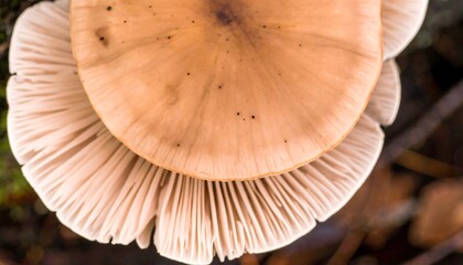 Close-up of a mushroom's cap and gills, showing its pale orange-brown top and delicate, cream-colored underside