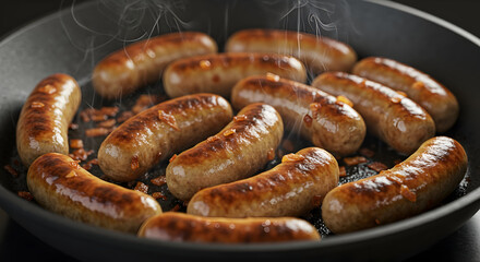 Deliciously Grilled Sausages Cooking Perfectly in the Pan with Crispy Brown Skin and Aromatic Spices, Ideal for Dinner or Barbecue Gatherings