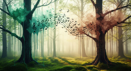 Obraz premium Surreal watercolor forest where trees transform into musical notes.