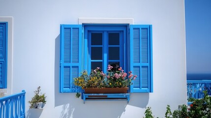 A blue window with shutters and a flower box on white wall