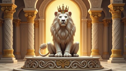 Majestic white lion statue wearing a golden crown in ornate palace hall