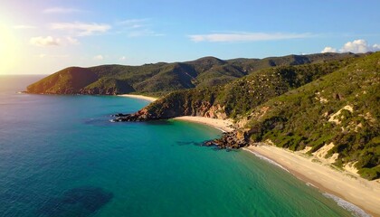Fototapeta premium A tranquil coastal scene showcases a secluded beach nestled amongst lush green hills, with a vibrant turquoise ocean reflecting the clear sky.