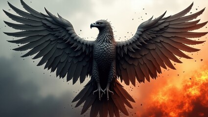 Naklejka premium Majestic dark phoenix with outstretched wings against a fiery background