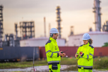 Obraz premium Two engineers in high-visibility safety gear and helmets conduct a field inspection at an industrial plant during sunrise, holding a tablet and measuring tools with soft pastel light background.