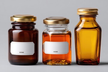 Three small, amber glass bottles with gold caps and white labels
