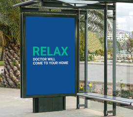 An advertisement panel on a modern bus shelter promoting a mobile medical service. The text targets daily commuters and urban residents needing convenient healthcare