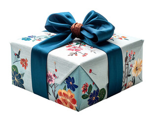 gift box wrapped in bojagi cloth, isolated, plain background, no shadow, PNG element