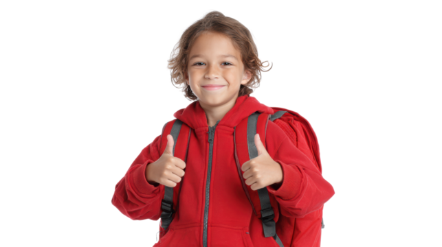 Happy child giving thumbs up with red backpack on isolated background.